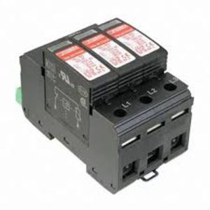 3-Phase Surge Protection Device (SPD), Type 1/2, 400V AC, 50kA Discharge Capacity, DIN Rail Mount, Includes Neutral (N) and Earth (PE) Protection, EN 61643-11 Certified